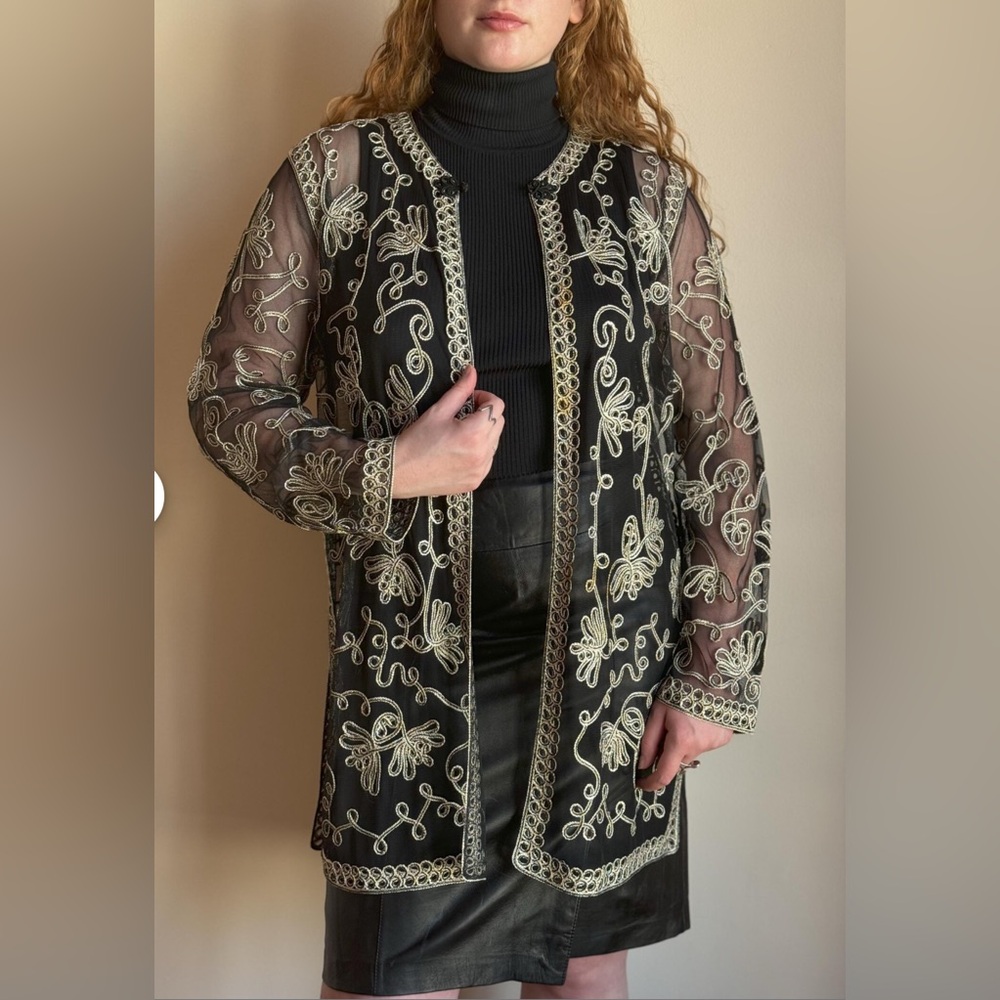 Elegant Black and Gold Evening Embroidered Sheer Lagenlook Cardigan  Sz. L